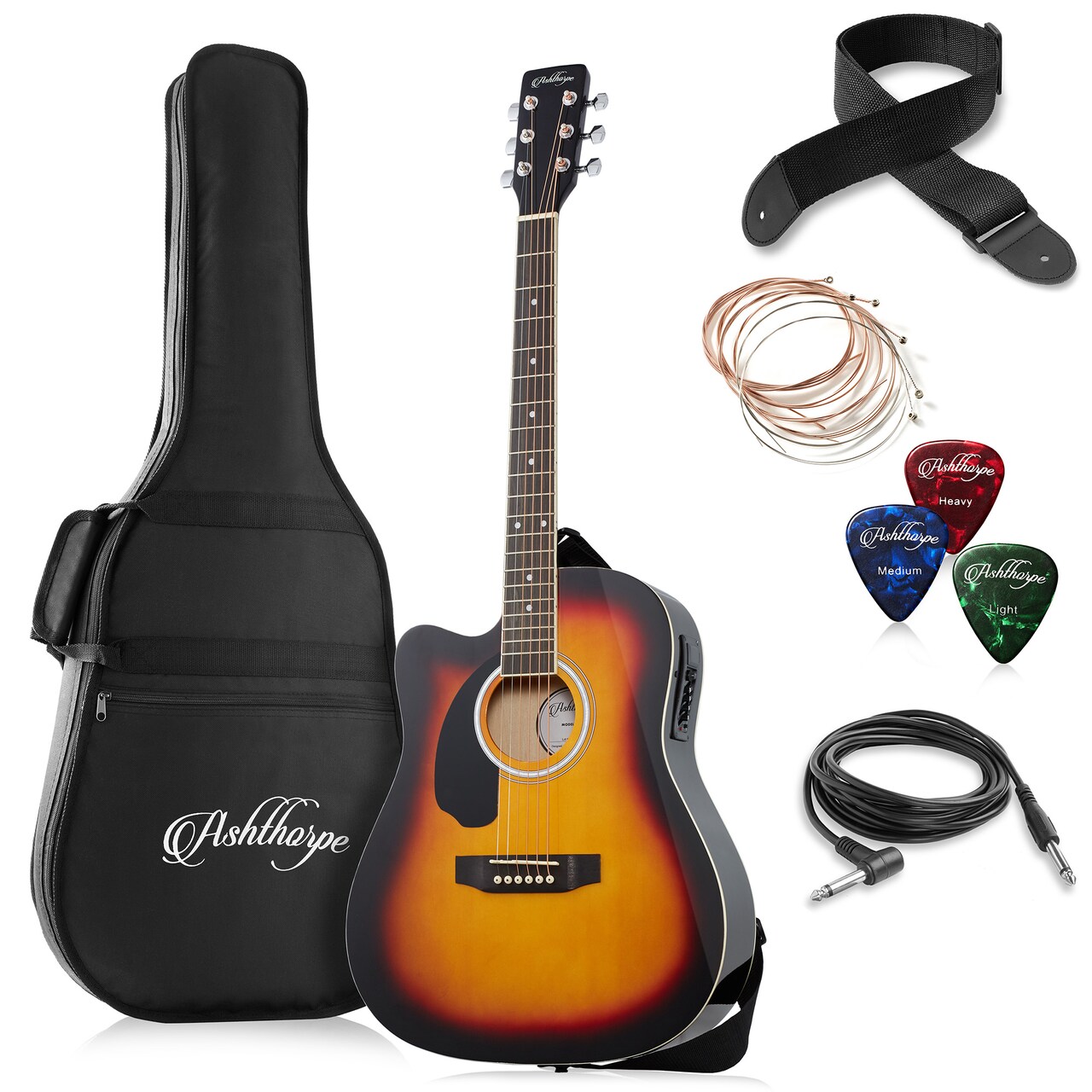 Ashthorpe Full-Size Left-Handed Dreadnought Cutaway Acoustic-Electric Guitar Bundle - Premium Tonewoods